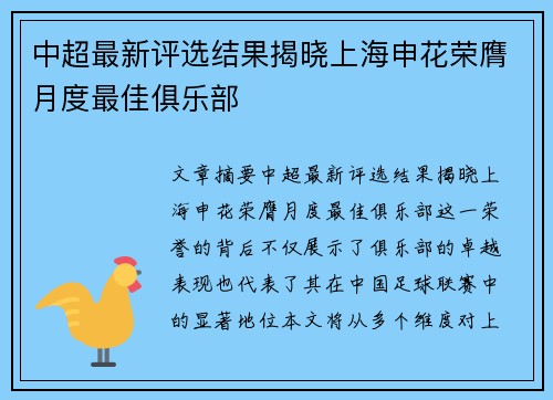 中超最新评选结果揭晓上海申花荣膺月度最佳俱乐部
