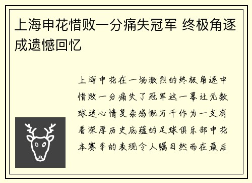 上海申花惜败一分痛失冠军 终极角逐成遗憾回忆