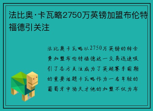 法比奥·卡瓦略2750万英镑加盟布伦特福德引关注